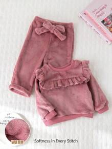 Cozy Pixies 2 件/套 女婴纯色针织柔软圆领荷叶边下摆长袖运动衫和松紧腰长裤