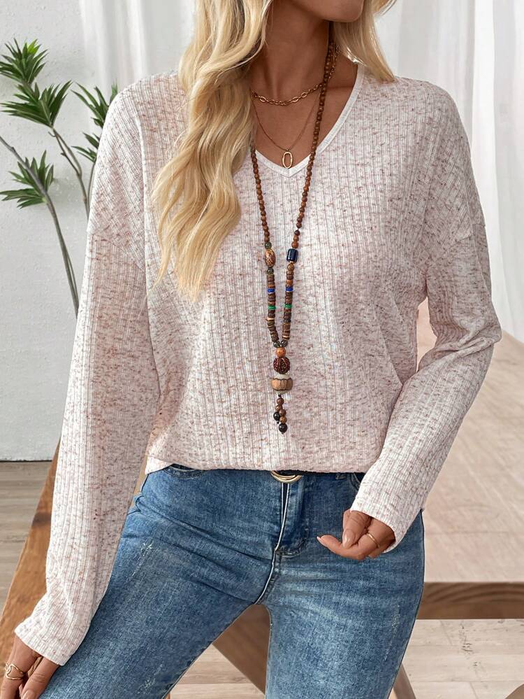 Women V-Neck Drop Shoulder Ribbed Casual T-Shirt, Solid Color, Autumn