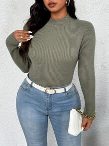 Calvaya Plus Size Women Solid Color Stand Collar Long Sleeve Fitted Sweater, Autumn Knit Pullover Fall Winter Outfit