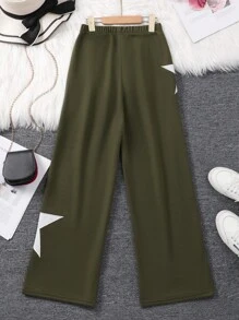SHEIN Tween Girls Casual Contrast Color Star Embroidery Wide Leg Sweatpants - Green - View 2