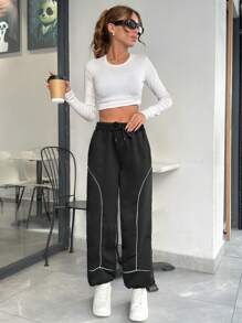 SHEIN PETITE Contrast Binding Detail High Waist Wide Streetwear Sweatpants - Black - View 4