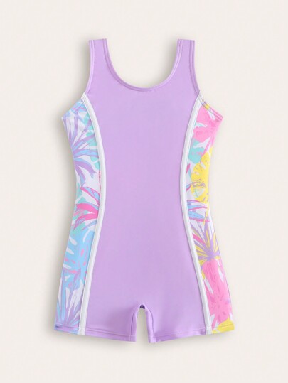 SHEIN New Fashion Young Girl Tropical Plant Print Splice One-Piece Swimsuit With Shorts