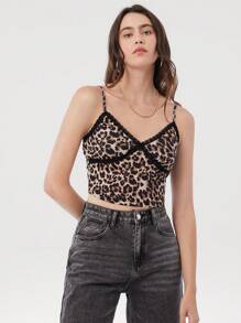 SHEIN EZwear 豹纹对比蕾丝简约日常吊带背心上衣 - 彩色 - 查看 5