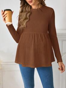 SHEIN Maternity Solid Peplum Tee Fall Winter Tee - Rust Brown - View 5