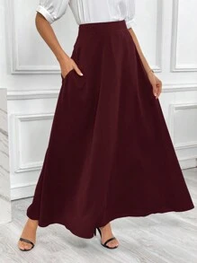 SHEIN Essnce 女士纯色高腰简约 A 字裙，休闲日常穿着 - 酒紅色 - 查看 7