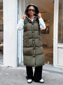 EURMUSE TIED-UP HOODED SNAPPED LONG ZIPPER VEST COAT - Khaki - View 3