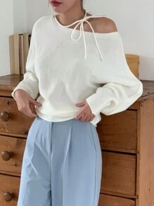 DAZY Women's Solid Color Off Shoulder Tie-Up Loose Waist Sweater,Fall Clothes