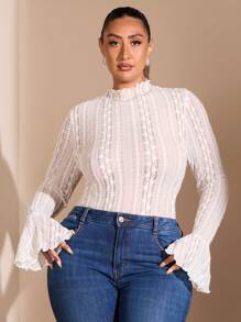 SHEIN BAE Plus Size Sweet Hot Girl High Collar Fungus & Ruffled Cuffs See-Through Black Stretch Lace Bodysuit & Suitable For Summer And Autumn - White - View 1