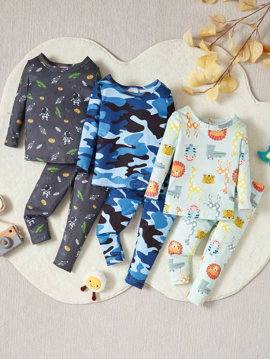 3 件套男婴简约时尚动物、宇航员、迷彩印花长袖 T 恤和紧身裤贴身睡衣套装