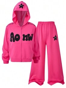 SHEIN 2pcs/Set Tween Girl Girls Stylish Letter, Star Print Hooded Sweatshirt With Pocket & Casual Pants, Dark Punk Fashion - Hot Pink - View 4