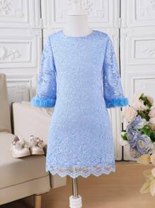 Girls Seven-Eighth Sleeve Spliced Fuzzy Fabric Crew Neck Fitted Lace Layer Dress, Elegant Style For Autumn/Winter - Blue - View 1