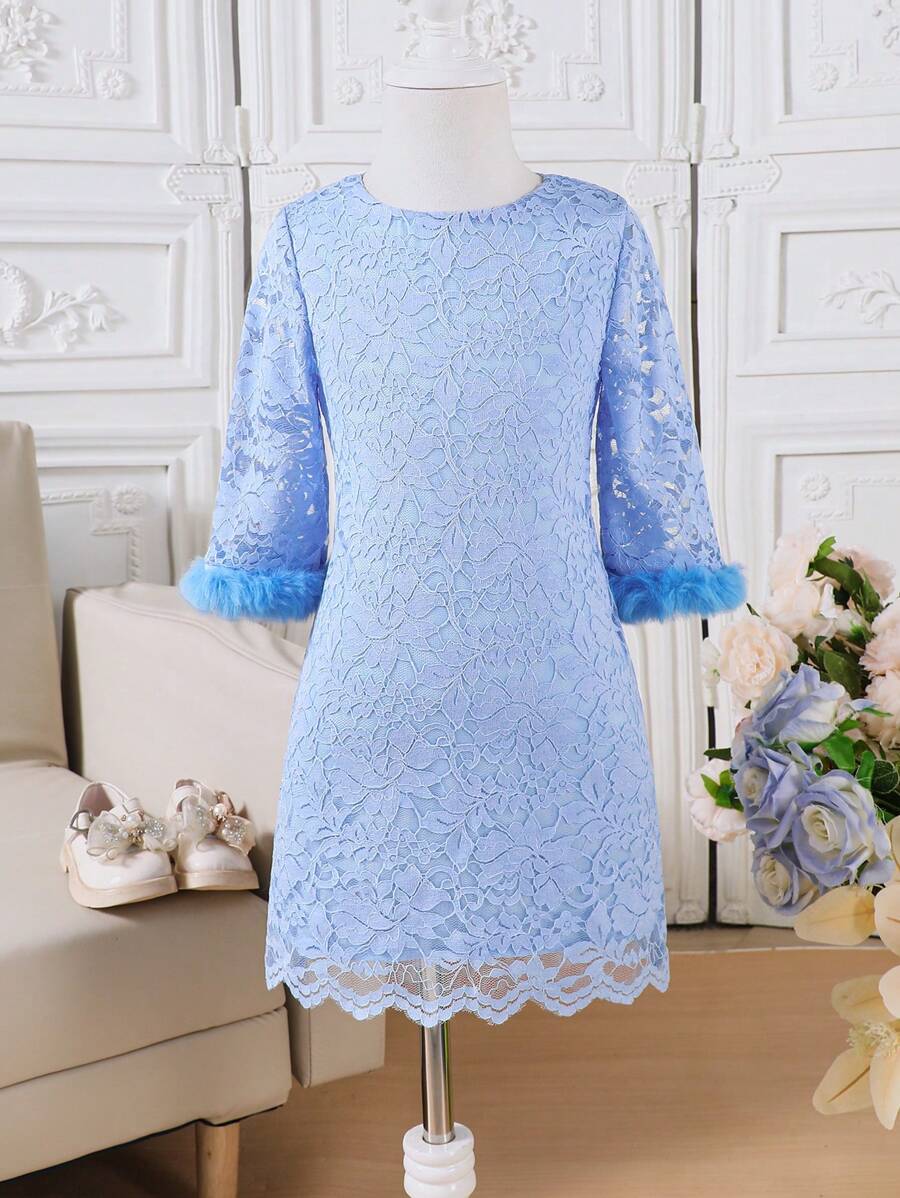 Girls Seven-Eighth Sleeve Spliced Fuzzy Fabric Crew Neck Fitted Lace Layer Dress, Elegant Style For Autumn/Winter - Blue - View 1