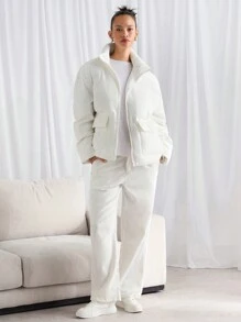 Manfinity VCAY 男士编织宽松立领休闲棉服外套，适合冬季日常穿着，外出白色泡泡大衣，送给朋友，丈夫，男朋友的礼物 - 白色 - 查看 5