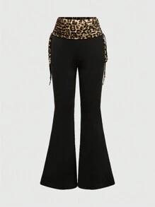 ROMWE 2pcs/Set Women Letter Print Rhinestone Leopard Pattern Side Drawstring Tube Top And Flare Pants, Sexy Outfit - Black - View 8