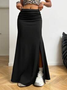 SHEIN EZwear Women's Fall/Winter Y2K Coachella  Music Festival Sexy Fashion Rib Knit Stretchy Pleated High Split Comfy Black Mid Rise Maxi Skirt For Halloween Party And New Year Eve