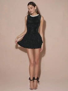 Enchnt Women's Elegant Velvet Silver Silk Faux Pearl Sleeveless Pleated Black Dress,Summer Birthday Party,Christmas Date Night,Fall Winter Short Clothes - Black - View 7