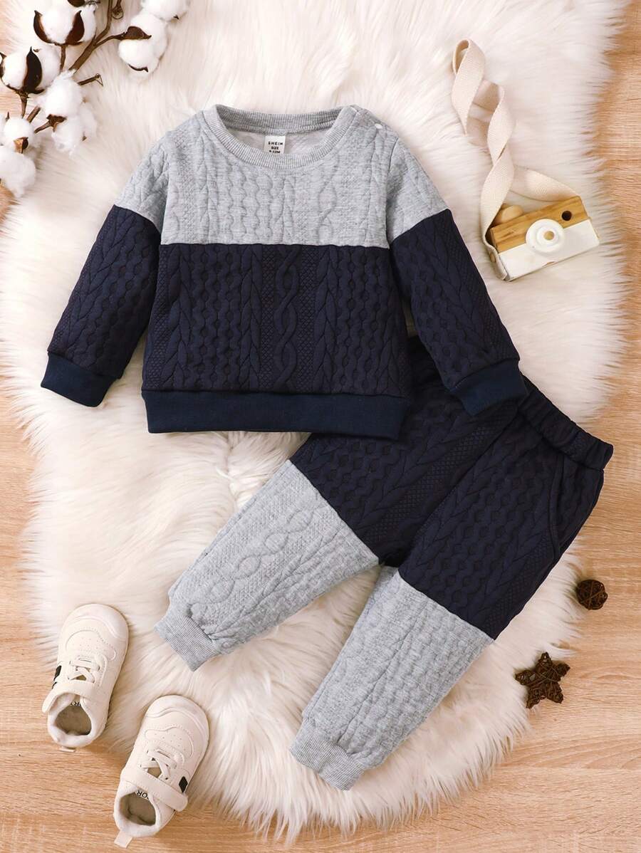 Bộ quần áo nỉ họa tiết màu tương phản thường ngày cho bé trai, mùa thu - Xanh đậm - Xem 1