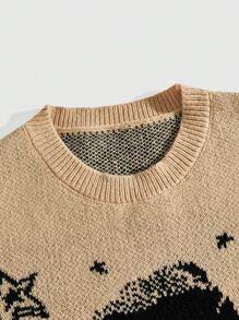 ROMWE MEN Street Life 男士圆领仿旧星星图案针织毛衣 - 卡其色 - 查看 4