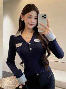 DAZY Women Color Block Turndown Collar Pullover Long Sleeve Knitted Sweater