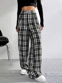 SHEIN EZwear 格纹印花松紧腰休闲宽松裤 - 黑與白 - 查看 4