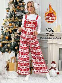 SHEIN 2pcs/Set Maternity Stand Collar White Long Sleeve Top And Red Suspender Overall Christmas Outfit - Red and White - View 1