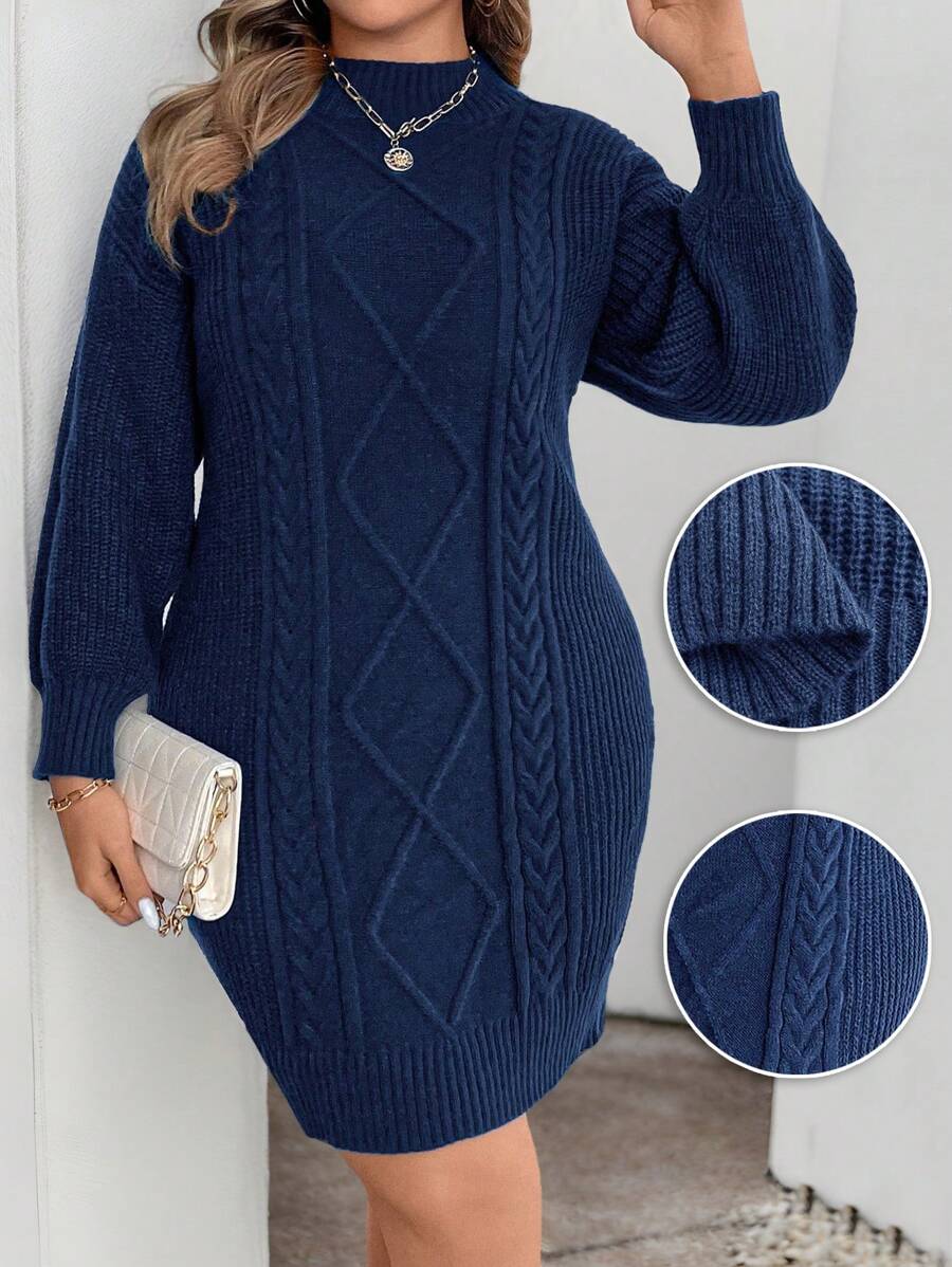 EMERY ROSE 大码女式休闲常规宽松直筒针织连衣裙，立领落肩长袖灯笼袖钻石纽扣绳编织纹理麻蓝色毛衣连衣裙，秋冬 - 藏蓝色 - 查看 1