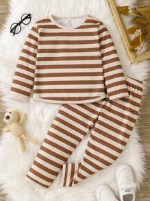 两件套小男孩服装，简约时尚条纹长袖上衣，咖啡棕色 - 咖啡棕 - 查看 1