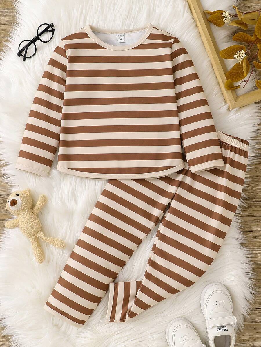 两件套小男孩服装，简约时尚条纹长袖上衣，咖啡棕色 - 咖啡棕 - 查看 1