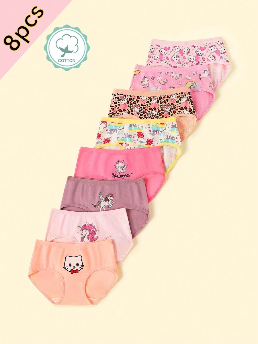 8pcs Girls Cute Strawberry & Unicorn Print Briefs, Fashion Underwear Set For Toddlers & Young Girls, Suitable For Four Seasons - Multicolor - View 1