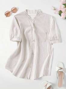 Omancia 女士条纹单排扣口袋短袖休闲宽松衬衫女士衬衫 - 杏色 - 查看 1