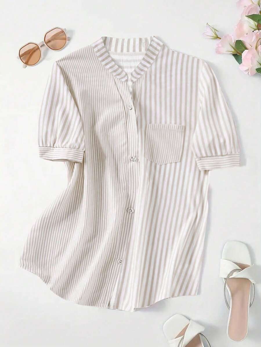 Omancia 女士条纹单排扣口袋短袖休闲宽松衬衫女士衬衫 - 杏色 - 查看 1
