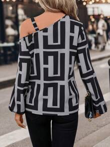 SHEIN LUNE Áo sơ mi dài tay cổ bất đối xứng in họa tiết toàn thân thanh lịch và thời trang một bên vai - Xám - Xem 2