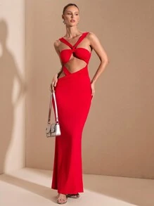 SHEIN BAE Váy dài dệt kim màu đỏ trơn gợi cảm thanh lịch đơn giản hở lưng khoét sâu, thích hợp cho tiệc tốt nghiệp, những dịp trang trọng, tiệc cocktail, hẹn hò lãng mạn, mặc nhiều lớp mùa thu/đông, tiệc tùng, hộp đêm, phù dâu cưới, đi chơi đêm, Halloween, Giáng sinh - Đỏ - Xem 6