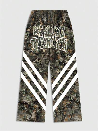 Street Life Pantalon décontracté pour hommes, taille cordon de serrage, coupe droite ample, avec imprimé de feuilles et lettres, automne