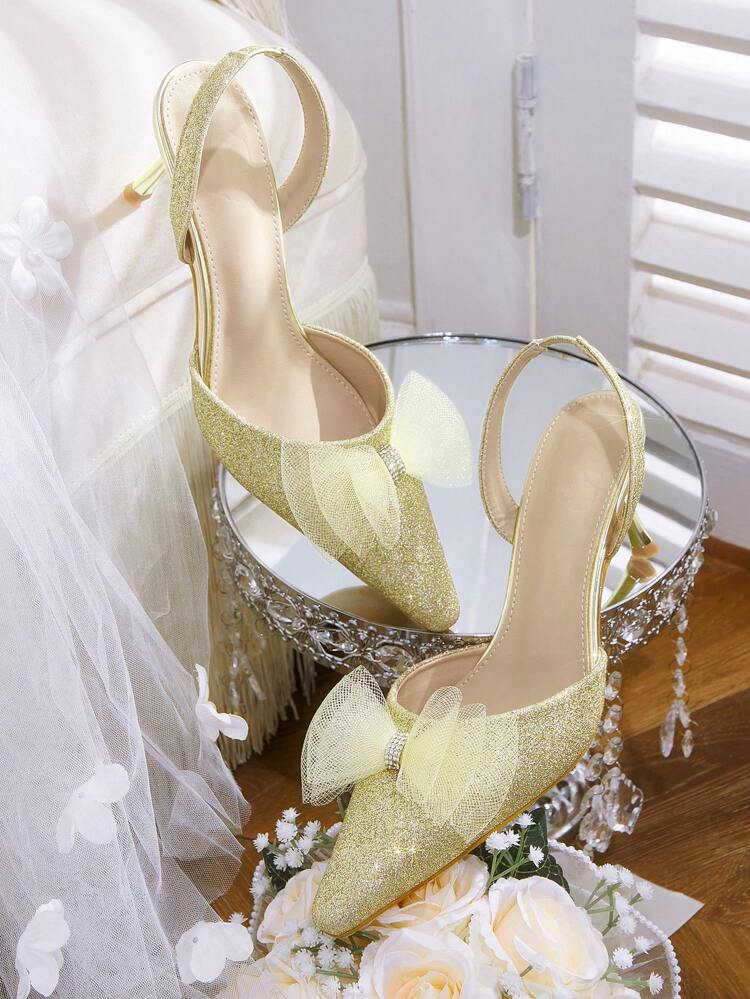 CUCCOO HITCHD Pointed Toe Elegant Stilettos High Heel Sequin Bow Tie Party & Date Night Dress Sandals For Women