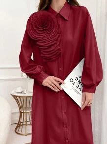 Al Najma Váy Abaya dài màu đỏ tía thanh lịch dành cho nữ, trang trí hoa 3D, cài nút phía trước, mùa xuân thu, váy Ả Rập dài tay thanh lịch, giản dị - Màu Đỏ Sâu - Xem 4