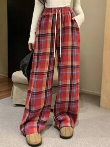 DAZY 女士宽松格子直筒裤，秋冬休闲长裤，圣诞节和新年拉绒 - 紅色 - 查看 9