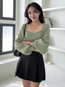 DAZY 休闲纯色罗纹针织灯笼袖毛衣，秋冬 - 綠色 - 查看 4