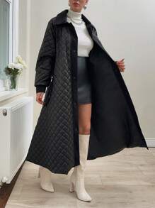 EURMUSE Commuter Style, Quilted Patchwork Rhombus Flared Thick Cotton Short Jacket With Belt Detail - Black - View 2