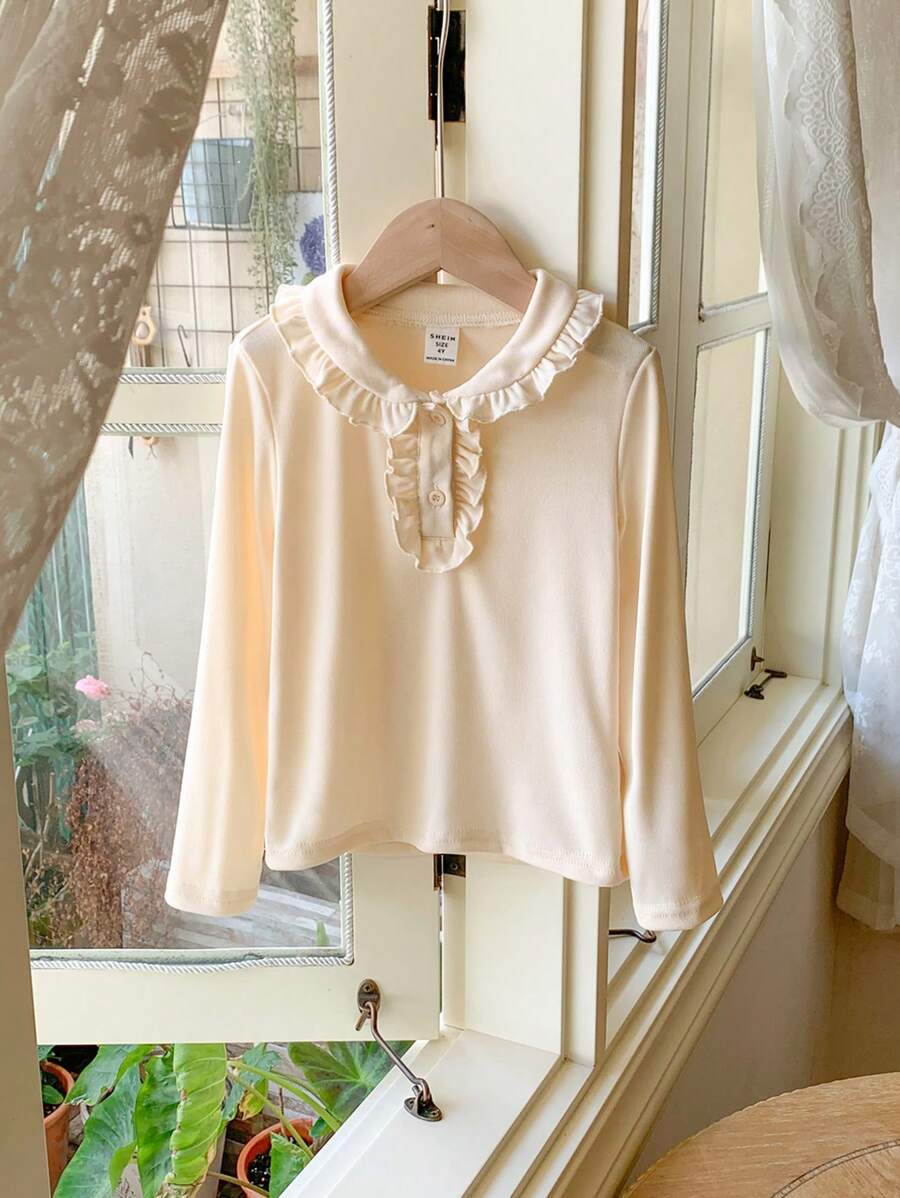 SHEIN Áo thun dài tay trơn màu dễ thương họa tiết bèo nhún cho bé gái, mùa thu - Màu be - Xem 1
