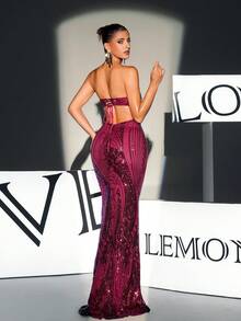 魚尾裙下擺亮片抹胸正式連衣裙 - 紅色 - 查看 2