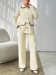 EURMUSE Pocket Cardigan Polo Neck Pant Knit Set - Apricot - View 6