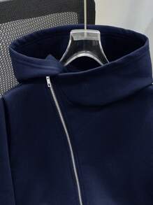 SHEIN 1 件休闲百搭舒适保暖特殊拉链领拉链针织连帽衫，适合青少年男孩、街头时尚、秋冬 - 藏蓝色 - 查看 4