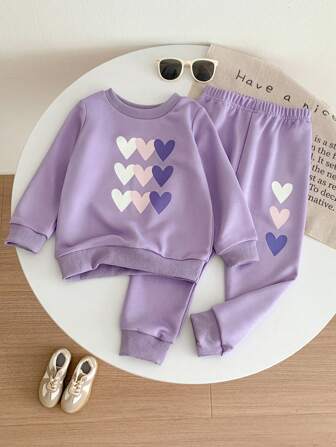 Genkimix Kids Young Girl Heart Print Pullover & Sweatpants