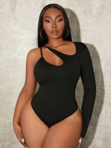 SHEIN SXY 大码女式纯色镂空不对称领口修身紧身衣，适合内衣或外套，约会之夜、生日、单身派对服装、休闲、购物、街头装、外出，易于搭配且看起来苗条，凸显您的身材，凸显身材 - 黑色 - 查看 1