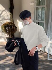 Manfinity Hypemode Áo len dệt kim cổ tròn tay dài màu trơn tối giản cho nam, trang phục thường ngày, thu/đông - trắng - Xem 6