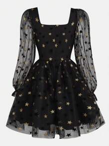SHEIN Đầm dự tiệc chữ A tay lỡ lưới xuyên thấu màu đen cho bé gái tuổi teen - màu đen - Xem 2