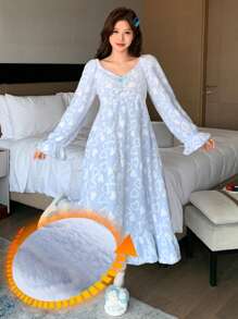 DAZY Women's Winter Heart Print Flannel Ruffled Nightgown Pajama,Thermal Lined - Blue - View 1