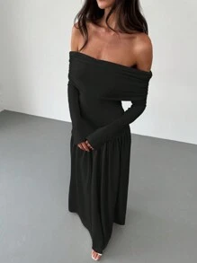 Aloruh New Apricot Off Shoulder Cinched Waist High-Stretch Slimming A-Line Dress, Versatile Long Sleeve Autumn/Winter Wear