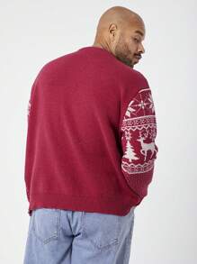 Mainfolk Plus Size Men's Christmas Deer & Snowflake Pattern Casual Graphic Pullover Crew Neck Long Sleeve Sweater, For Going Out, For Fall Winter - Red - View 3